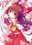  :d ascot blurry bow brown_eyes brown_hair depth_of_field detached_sleeves hair_bow hair_ribbon hair_tubes hakurei_reimu holding hoshi_(snacherubi) looking_at_viewer ofuda open_mouth parted_lips ribbon smile solo touhou 