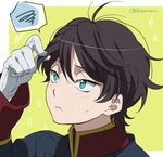  aldnoah.zero alternate_hair_color black_hair blush gloves green_eyes komamuro male_focus military military_uniform slaine_troyard solo spoken_squiggle squiggle tsurime uniform 