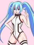 absurdres angel_pena_(angelox) blue_eyes blue_hair breasts collar groin hand_on_hip highres leotard long_hair nymph_(sora_no_otoshimono) robot_ears small_breasts solo sora_no_otoshimono thighhighs twintails v very_long_hair 