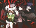  4girls amagi_yukiko black_hair blue_hair brown_hair copyright_name evil_grin evil_smile grey_hair grin hand_on_another's_head harem hat kujikawa_rise looking_at_viewer multiple_girls narukami_yuu official_art open_collar persona persona_4 persona_4:_the_ultimate_in_mayonaka_arena persona_4:_the_ultimax_ultra_suplex_hold satonaka_chie scan school_uniform shadow_(persona) shirogane_naoto smile sogabe_shuuji thighhighs watermark yellow_eyes 