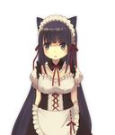  animal_ears bad_id bad_pixiv_id black_hair blue_eyes blue_hair blush bow breasts cat_ears detached_collar frilled_sleeves frills highres long_hair maid maid_headdress medium_breasts nekomo open_mouth original puffy_short_sleeves puffy_sleeves ribbon short_sleeves simple_background solo white_background 