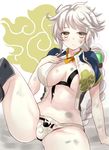  arm_support bad_id bad_pixiv_id bra braid breasts brown_eyes cupless_bra dirty hand_on_own_chest harimoji kantai_collection large_breasts looking_at_viewer navel open_clothes panties single_braid sitting solo spread_legs striped underwear unryuu_(kantai_collection) vertical_stripes white_hair white_panties 