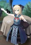  alternate_costume animal animal_ears bare_shoulders black_cat blonde_hair blue_bow blue_dress blue_sky blush bow cat cat_ears cat_tail day dress elbow_gloves gloves green_eyes heinrike_prinzessin_zu_sayn-wittgenstein holding imochitan long_hair looking_at_viewer noble_witches outdoors sky sleeveless sleeveless_dress smile solo stuffed_animal stuffed_cat stuffed_toy table tablecloth tail tree white_gloves world_witches_series 