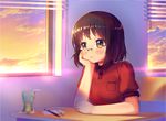  black_hair brown_eyes casual chin_rest desk dusk glasses head_rest looking_away original short_hair solo twilight zimajiang 