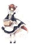  animal_ears blue_eyes brown_hair carrying cat_ears cat_tail full_body laundry_basket looking_at_viewer maid maid_headdress mary_janes mizuki_(hmndk) original petals shoes short_hair smile solo standing tail white_legwear 