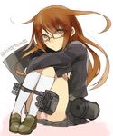  brown_eyes brown_hair glasses hita_(hitapita) kantai_collection kneehighs leg_hug loafers long_hair long_sleeves looking_at_viewer machinery mochizuki_(kantai_collection) panties pink_panties shoes skirt solo twitter_username underwear white_legwear 