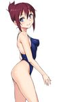  blue_eyes blue_swimsuit blush competition_swimsuit cowboy_shot folded_ponytail hashi highleg highleg_swimsuit one-piece_swimsuit purple_hair rail_wars! red_hair sakurai_aoi short_hair simple_background smile solo swimsuit updo white_background 