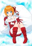  :d bad_id bad_pixiv_id blue_eyes boots bow brown_hair colorized derivative_work elbow_gloves eyebrows gloves hair_bow hair_ribbon highres looking_at_viewer o_daizen open_mouth orange_hair original reaching red_gloves ribbon santa_costume short_hair smile solo thick_eyebrows 