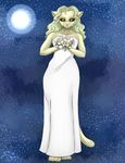  amber_eyes animal_ears black_sclera bouquet canine claws clothed clothing elma erma feline green_hair hair hybrid looking_at_viewer mammal moon paws solo stars suishi tagme tenchi-muyo-gxp toe_claws wau wedding_dress 