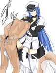  1girl akame_ga_kill! arms_behind_back bdsm between_breasts blue_eyes blue_hair bondage boots bound bound_wrists breast_smother breasts choker close-up clothed_female_nude_male crotch_kick esdeath femdom hat head_between_breasts highres kneeing large_breasts light_smile long_hair military military_uniform nude peaked_cap piro_(iiiiiiiiii) sadism tattoo thigh_boots thighhighs uniform very_long_hair 