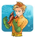  1boy aqua_man aquaman_(series) belt blonde_hair blue_eyes dc_comics gloves green_gloves imo_(ume_syrop) lobster lowres male male_focus scale_armor solo underwater water 