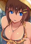  blue_eyes blush breasts brown_hair cleavage hair_ornament hat highres jewelry large_breasts lyrical_nanoha mahou_shoujo_lyrical_nanoha nac000 necklace open_mouth ring short_hair smile solo swimsuit tan tanline x_hair_ornament yagami_hayate 