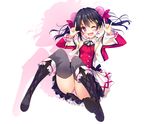  ;d \m/ black_hair blush bow bowtie bun_cover double_\m/ double_bun frills hair_ornament hair_ribbon hairclip hayakawa_harui idol looking_at_viewer love_live! love_live!_school_idol_project one_eye_closed open_mouth panties pantyshot red_eyes ribbon smile solo sore_wa_bokutachi_no_kiseki striped striped_panties twintails underwear v-shaped_eyebrows yazawa_nico 