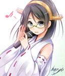  bare_shoulders black_hair blush commentary_request detached_sleeves eighth_note eyebrows_visible_through_hair glasses green-framed_eyewear grey_eyes grey_hair hair_between_eyes hairband haryuu_(poetto) headgear holding holding_microphone japanese_clothes kantai_collection kirishima_(kantai_collection) looking_at_viewer microphone musical_note nontraditional_miko short_hair signature simple_background solo upper_body white_background wide_sleeves 
