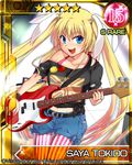  badge bass_guitar belt blonde_hair blue_eyes button_badge casual flag_print instrument little_busters! long_hair midriff misaki_juri navel off_shoulder pantyhose print_shirt shirt shorts striped striped_legwear t-shirt tied_shirt tokido_saya twintails union_jack vertical-striped_legwear vertical_stripes 