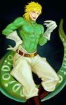  absurdres bad_id bad_pixiv_id belt blonde_hair diego_brando glasgow_smile gloves green_lipstick green_shirt highres jojo_no_kimyou_na_bouken lipstick makeup male_focus scary_monsters_(stand) shirt silence_(txx961410160) solo stand_(jojo) steel_ball_run sweater tail turtleneck yellow_eyes 