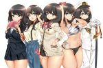  5girls animal_print bikini black_bikini_bottom black_hair black_skirt blazer blue_eyes blue_pants book bow cardigan casual cosplay cowboy_shot gloves hair_down hand_in_pocket hat highres jacket long_hair looking_at_viewer metk microskirt military military_uniform mismatched_bikini multiple_girls multiple_persona naval_uniform orange_scrunchie pants peaked_cap pleated_skirt red_bow saber_(weapon) school_uniform scrunchie shirt side-tie_bikini simple_background skirt ssss.gridman suspenders sweater swimsuit sword takarada_rikka tiger_print uniform weapon white_background white_cardigan white_gloves white_shirt white_sweater 