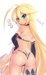  ahoge ass bare_shoulders black_gloves black_legwear black_panties blonde_hair blue_eyes blush bridal_gauntlets buchi-kire_yusya_no_sekaiseihuku butt_crack character_request choker elbow_gloves from_behind fur_trim gloves hair_between_eyes hand_on_hip long_hair looking_back mel/a panties parted_lips single_thighhigh slit_pupils solo thighhighs thong translation_request underwear very_long_hair 