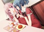  2girls blue_hair blush cheese_burger fastfood french_fries multiple_girls pink_hair school_uniform shinozaki_rikka shirakawa_sayuki sono_hanabira_ni_kuchizuke_wo 