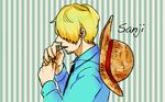  1boy blonde_hair character_name cigarette hat lillil_(1212neko) male male_focus one_piece sanji smoking solo stampede_string straw_hat vertical-striped_background 