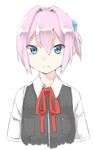  akagashi_hagane blue_eyes expressionless kantai_collection neck_ribbon pink_hair ponytail red_neckwear red_ribbon ribbon shiranui_(kantai_collection) short_hair short_ponytail simple_background solo upper_body vest white_background 