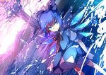  blue_eyes blue_hair bow cirno dutch_angle hair_bow hair_ribbon ice ice_wings looking_at_viewer ribbon short_hair sketch solo touhou wings yetworldview_kaze 