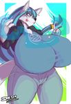  big_breasts blue_eyes blue_hair breasts canine clothing hair huge_breasts hyper hyper_breasts mammal tongue unknown_artist water wolf 
