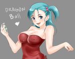  angel_pena_(angelox) blue_eyes breasts bulma cleavage dragon_ball dragon_ball_(classic) green_hair hair_bobbles hair_ornament highres large_breasts long_hair one_side_up open_mouth smile solo strapless 