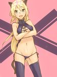  animal_ears black_bow black_legwear black_panties blonde_hair blush bow breast_hold breasts cat_ears cat_tail covered_nipples cowboy_shot crossed_arms fang green_eyes groin heinrike_prinzessin_zu_sayn-wittgenstein hirschgeweih_antennas long_hair looking_at_viewer navel noble_witches panties pink_background side-tie_panties small_breasts smile solo sora_haku_sanae tail thighhighs underwear very_long_hair world_witches_series 