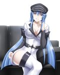  akame_ga_kill! blue_eyes blue_hair boots breasts cleavage couch esdeath hat highres kyo-second large_breasts long_hair looking_at_viewer military military_uniform peaked_cap sitting smile solo thigh_boots thighhighs uniform very_long_hair 