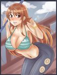  absurdres angel_pena_(angelox) bikini_top blush bracelet breasts brown_eyes cleavage denim highres jeans jewelry large_breasts leaning_forward long_hair nami_(one_piece) one_piece orange_hair pants polearm solo staff tattoo weapon 