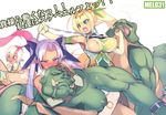  areola_slip areolae battle blonde_hair blue_eyes blush bouncing_breasts breasts collar elbow_gloves elf full-face_blush gloves hair_ribbon headlock large_breasts leg_lock mel/a multiple_girls muscle nipple_piercing orc out_of_frame piercing pointy_ears ponytail purple_eyes purple_hair ribbon shirt_grab sleeper_hold tiara translation_request tusks twintails unconscious white_gloves 