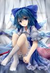  blue_eyes blue_hair bow cirno crossed_legs hair_bow highres ice ice_wings looking_at_viewer nano_(ex925868312) open_mouth panties pantyshot pantyshot_(sitting) puffy_short_sleeves puffy_sleeves see-through short_sleeves sitting socks solo striped striped_panties touhou underwear wings yes yes-no_pillow 