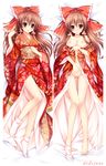  adjusting_hair blush bow breasts breasts_outside brown_eyes brown_hair dakemakura-koubou dakimakura dodojune floral_print hair_bow hair_tubes hakurei_reimu japanese_clothes kimono long_hair looking_at_viewer lying medium_breasts multiple_views nipples no_bra no_panties on_back open_clothes open_kimono pussy sock_dangle tabi touhou 