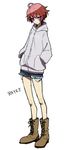  aldnoah.zero bare_legs boots character_name cutoffs full_body hands_in_pockets hood hoodie looking_at_viewer purple_eyes rayet_areash red_hair short_hair short_shorts shorts solo tamagoumauma white_background 