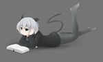  animal_ears ass black_legwear blue_eyes blush book bottomless cat_ears cat_tail full_body grey_background hand_on_own_head head_rest highres hood hoodie long_sleeves lying moriya_ma on_stomach panties pantyhose reading sanya_v_litvyak short_hair silver_hair simple_background solo strike_witches tail underwear world_witches_series 