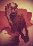  black_fur brown_fur darkspot digitigrade female fluffy_tail fur hyena mammal patto sitting solo striped_hyena 