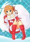  :d blue_eyes boots bow brown_hair elbow_gloves eyebrows gloves hair_bow hair_ribbon highres kurohachiboku looking_at_viewer open_mouth orange_hair original reaching red_gloves ribbon santa_costume short_hair smile solo thick_eyebrows 