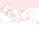  animal_ears bed blush cat_ears extra_ears isaki_(gomi) kaenbyou_rin long_hair looking_at_viewer lying monochrome naked_sheet nude pillow pink pointy_ears smile solo touhou 
