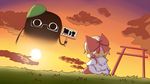  &lt;o&gt;_&lt;o&gt; back blonde_hair chibi cloud depressed glasses grass hair_ribbon hat kill_me_baby orange_sky parody ribbon sailor_collar satsuki_rin shaded_face short_hair sign sitting sky sunset torii touhou trait_connection translated wdms zun 