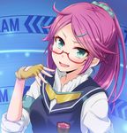  anti_(untea9) blush fingerless_gloves glasses gloves green_eyes gunslinger_stratos hair_ornament hairclip looking_at_viewer open_mouth pink_hair ponytail shinou_matsurika smile solo 