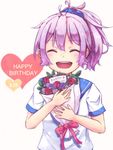  :d ^_^ ahoge aoba_(kantai_collection) blush bouquet closed_eyes facing_viewer flower happy happy_birthday heart highres kantai_collection open_mouth ponytail purple_hair sailor_collar school_uniform serafuku shikajima_shika simple_background smile solo upper_body white_background 