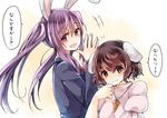  :d alternate_hairstyle animal_ears black_hair bunny_ears inaba_tewi long_hair mimoto_(aszxdfcv) multiple_girls open_mouth puffy_short_sleeves puffy_sleeves purple_eyes purple_hair reisen_udongein_inaba short_hair short_sleeves smile touhou translated twintails 