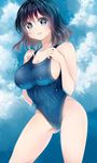  benimanjuu black_hair blue_eyes breasts cameltoe competition_swimsuit highres impossible_clothes impossible_swimsuit large_breasts one-piece_swimsuit original short_hair solo standing swimsuit wet 