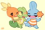  2014 ambiguous_gender band-aid carrying clothed clothing cute eyes_closed group hand_holding happy holding mudkip nintendo one_eye_closed open_mouth plain_background pointing pok&eacute;mon shirt standing torchic treecko video_games yellowfur 