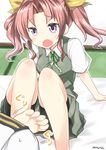  :o absurdres admiral_(kantai_collection) arm_support barefoot bike_shorts blush brown_hair hair_ribbon highres kagerou_(kantai_collection) kantai_collection long_hair purple_eyes ribbon ryuki_(ryukisukune) school_uniform short_sleeves shorts shorts_under_skirt signature sitting skirt solo_focus tatami twintails vest 