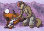  2014 anthro belly_rub brown_fur canine coyote feral fox fur hair idess lying male mammal on_back orange_hair topless 