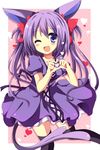  ;d animal_ears black_legwear bow dress espeon forked_tail gen_2_pokemon hair_bow hair_ribbon heart heart_hands long_hair looking_at_viewer one_eye_closed open_mouth personification pokemon purple_dress purple_eyes purple_hair ribbon smile solo tail thighhighs twintails uguisu_mochi_(ykss35) zettai_ryouiki 