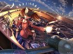  aircraft airplane artist_name bad_id bad_pixiv_id blurry brown_eyes brown_hair cloud crossed_legs depth_of_field flat_chest head_tilt japanese_clothes kantai_collection kariginu machinery magatama ocean onmyouji ryuujou_(kantai_collection) scroll shikigami signature skirt sky solo standing standing_on_liquid suohachi twintails visor_cap 