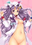  auction blush bottomless breasts chikado cleft_of_venus collar colored_eyelashes commentary_request crescent dress hair_ornament hat long_hair medium_breasts navel no_bra no_panties open_clothes open_dress open_mouth patchouli_knowledge purple_eyes purple_hair pussy red_collar ribbon silver_trim solo touhou uncensored wrist_ribbon 